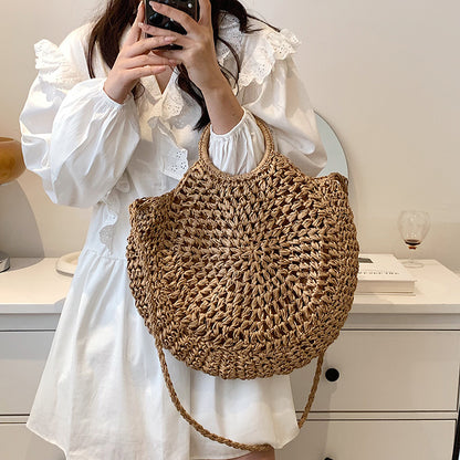 Amoria Bags Sora Circular Woven Handbag with Dual Handles and Shoulder Strap