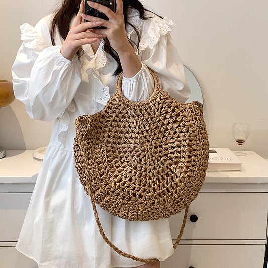 Amoria Bags Sora Circular Woven Handbag with Dual Handles and Shoulder Strap