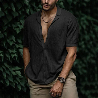 Men's short-sleeved shirt with a lapel collar and a textured surface