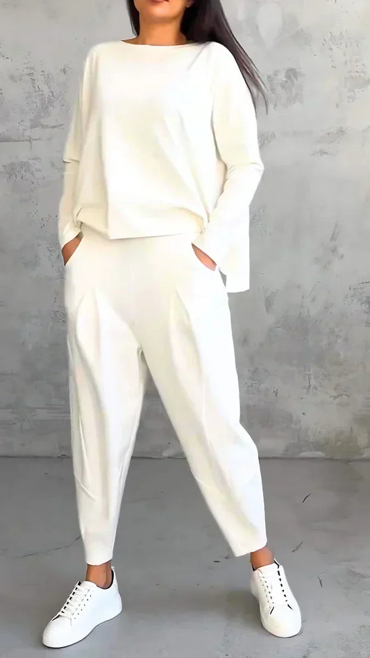 Women’s Two-Piece Set with Wide-Neck Top and Tapered Trousers
