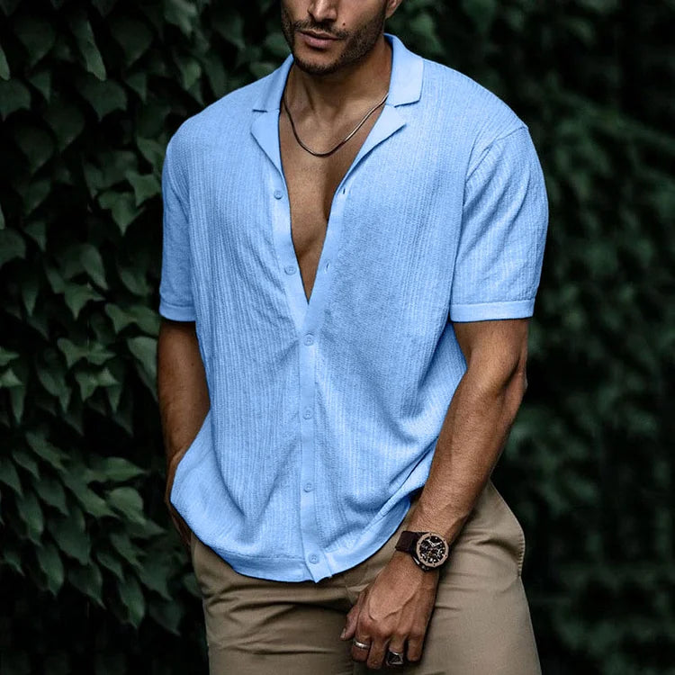 Men's short-sleeved shirt with a lapel collar and a textured surface