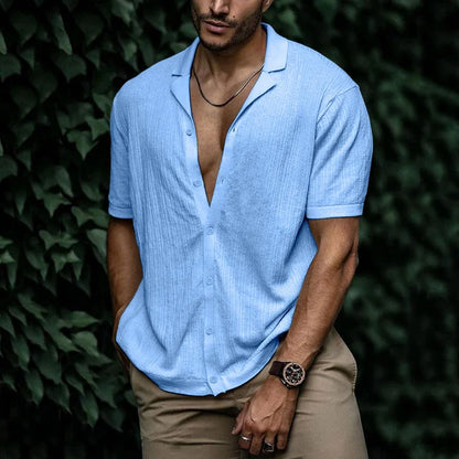 Men's short-sleeved shirt with a lapel collar and a textured surface