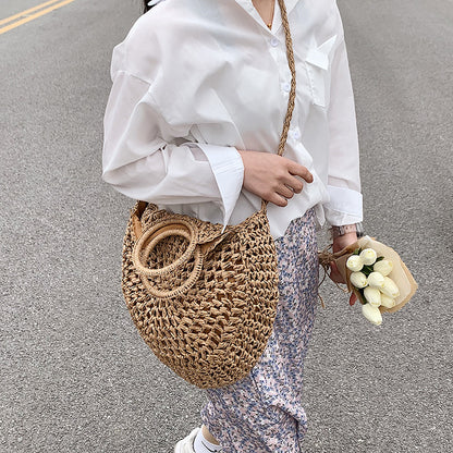 Amoria Bags Sora Circular Woven Handbag with Dual Handles and Shoulder Strap