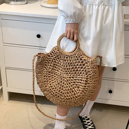 Amoria Bags Sora Circular Woven Handbag with Dual Handles and Shoulder Strap