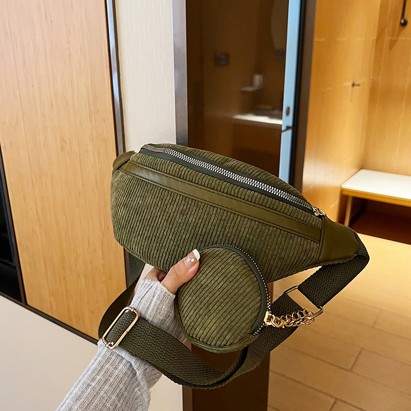 Amoria Bags Canvas Corduroy Shoulder Bag with Zipper Pocket