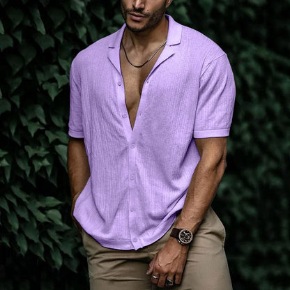 Men's short-sleeved shirt with a lapel collar and a textured surface