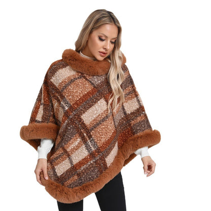 Amoria Bags Poncho with Faux Fur Trim and Plaid Pattern