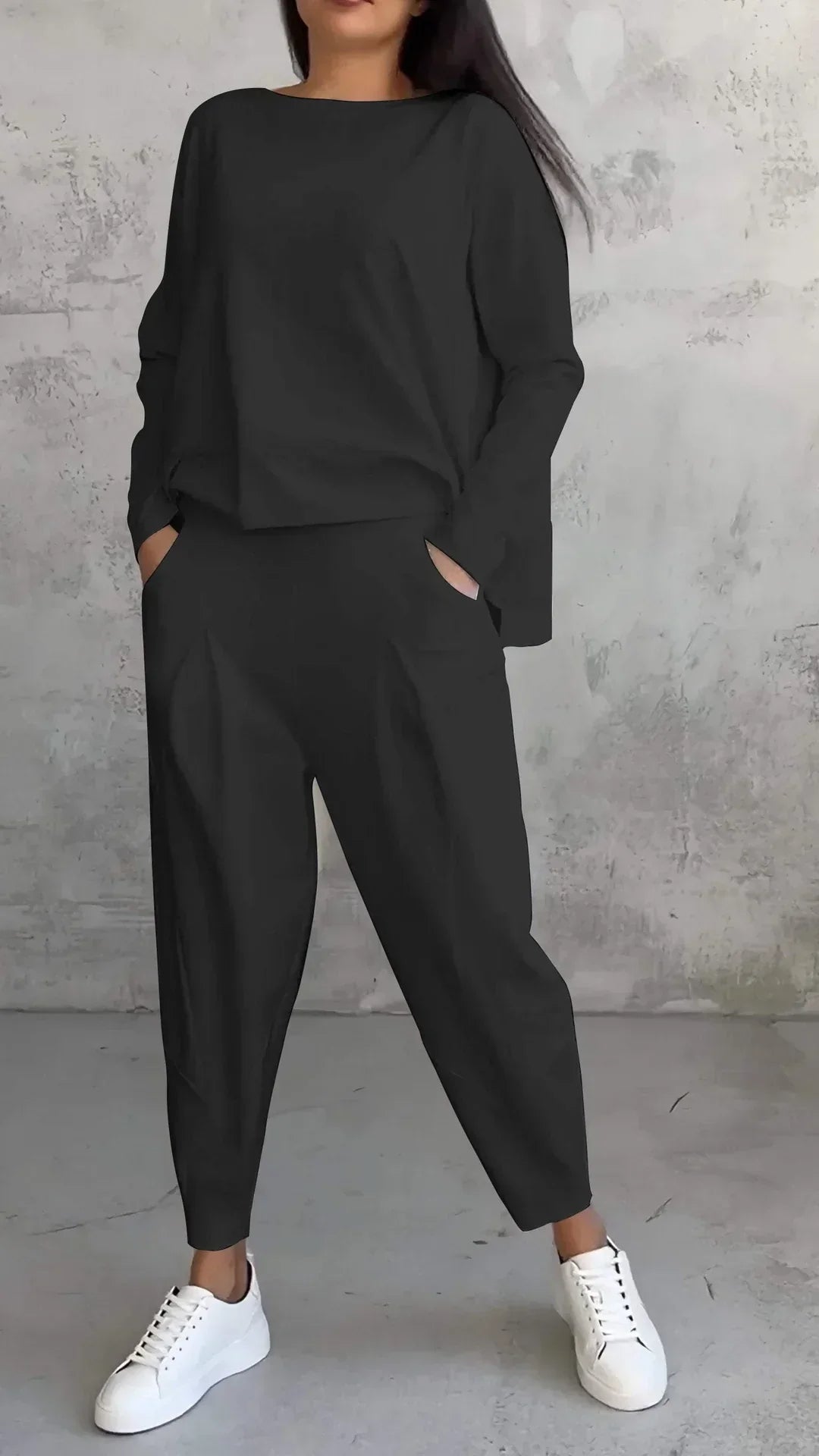 Women’s Two-Piece Set with Wide-Neck Top and Tapered Trousers