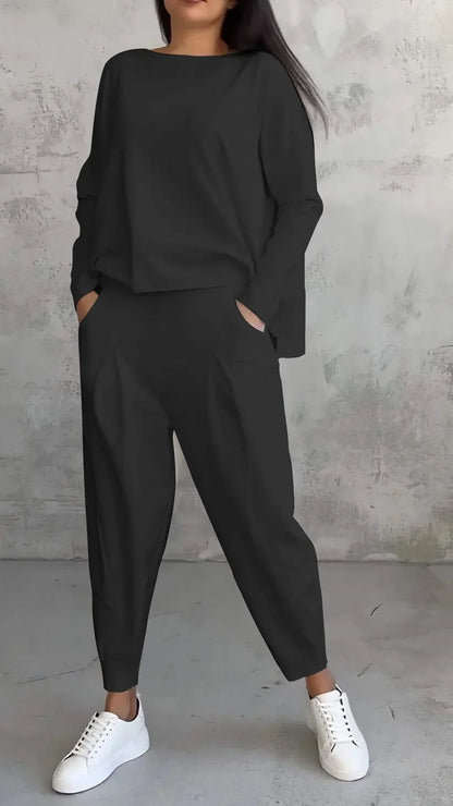 Women’s Two-Piece Set with Wide-Neck Top and Tapered Trousers
