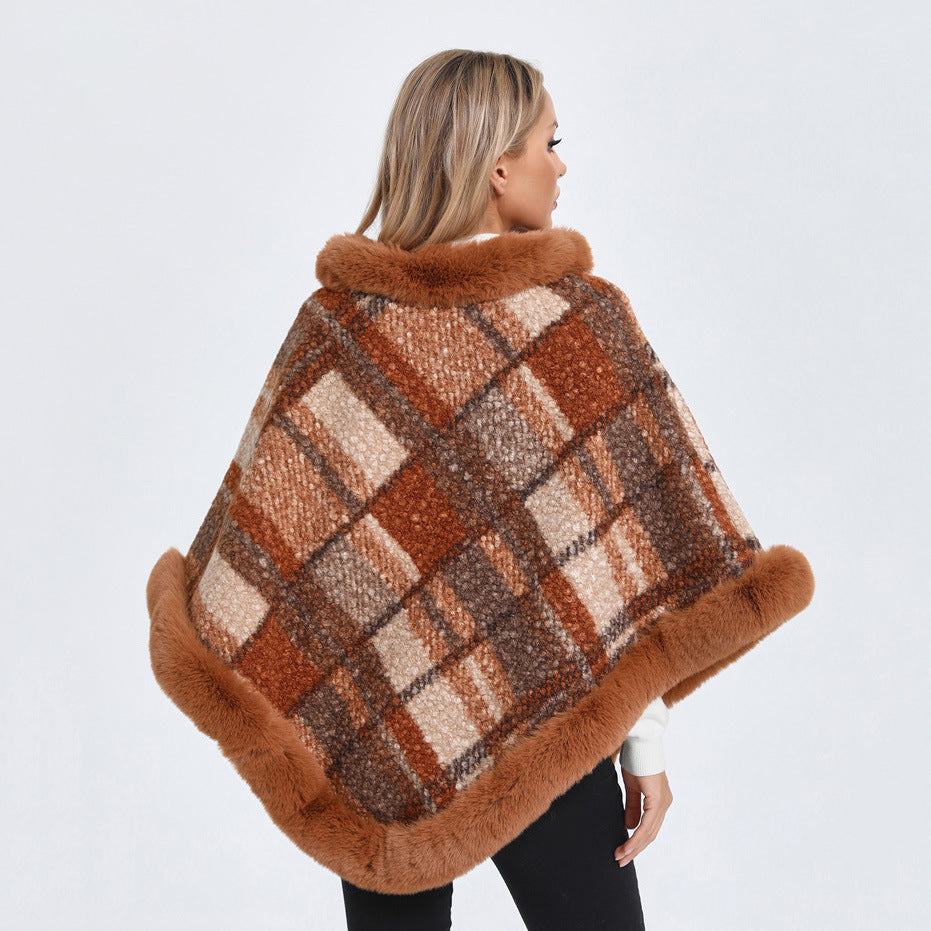 Amoria Bags Poncho with Faux Fur Trim and Plaid Pattern