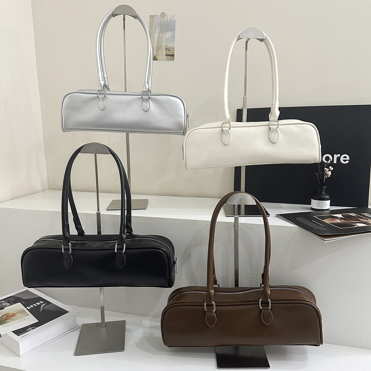 Amoria Bags PU Leather Baguette Shoulder Bag with Double Strap