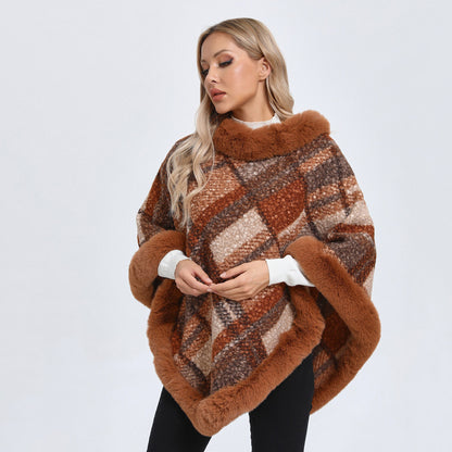 Amoria Bags Poncho with Faux Fur Trim and Plaid Pattern