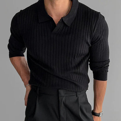 Ribbed long-sleeved shirt with polo collar and slim fit