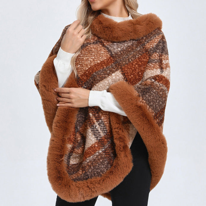 Amoria Bags Poncho with Faux Fur Trim and Plaid Pattern