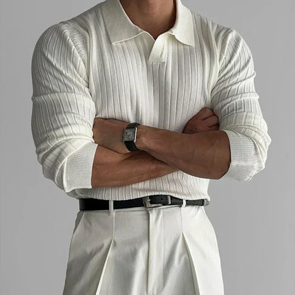 Ribbed long-sleeved shirt with polo collar and slim fit