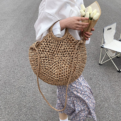 Amoria Bags Sora Circular Woven Handbag with Dual Handles and Shoulder Strap