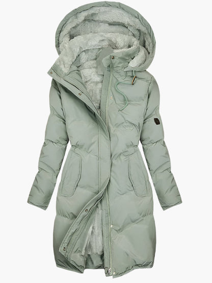 Long Puffer Coat with Hood and Fleece Lining